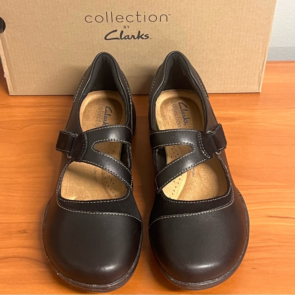 Clarks Black Leather Mary Jane Flats with Dual Cross Straps